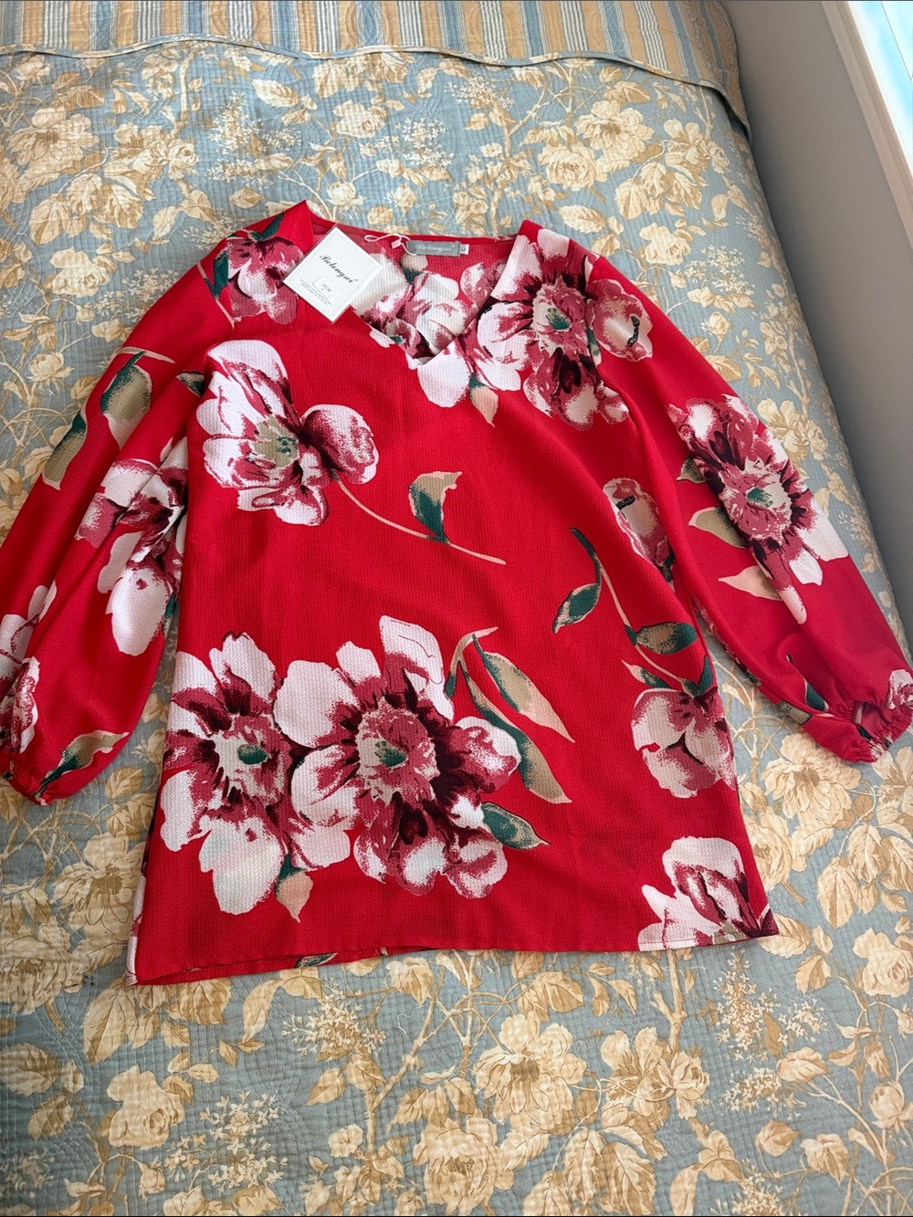 Red Floral Long-Sleeve V-Neck Tunic
